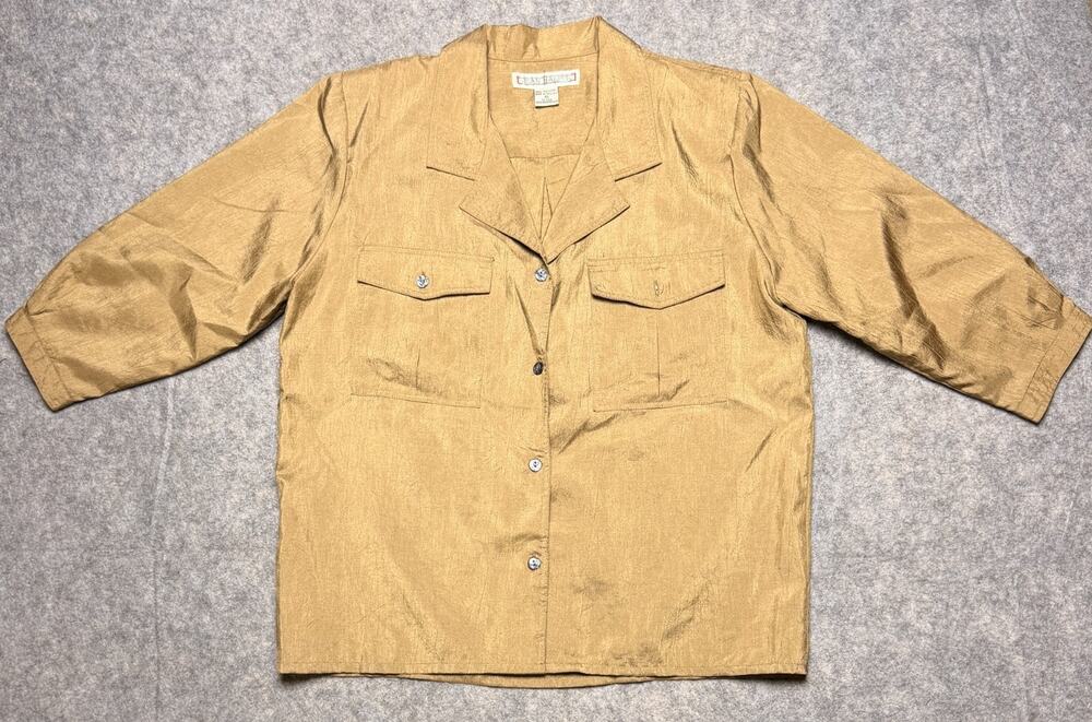 Joan Harper Womens 10 Gold Tan Shimmer Button Up Blouse 3/4 Sleeve Notch Collar